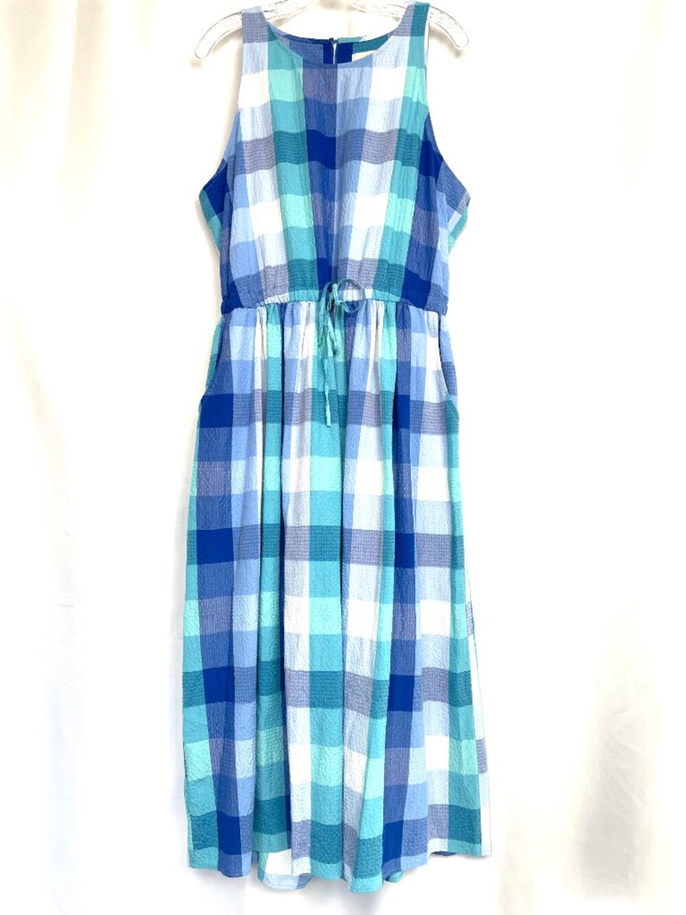 LOFT Plaid Cutout Back Midi Pocket Dress – Blue & Aqua Gingham XL NWT